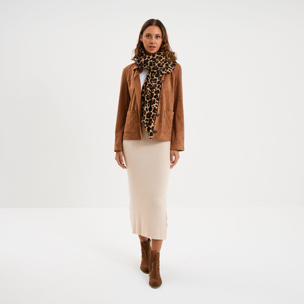 Jupe longue tricot ajust&eacute;e beige femme