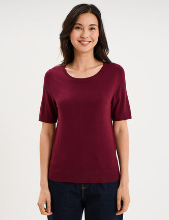 Pull manches courtes col rond bordeaux femme