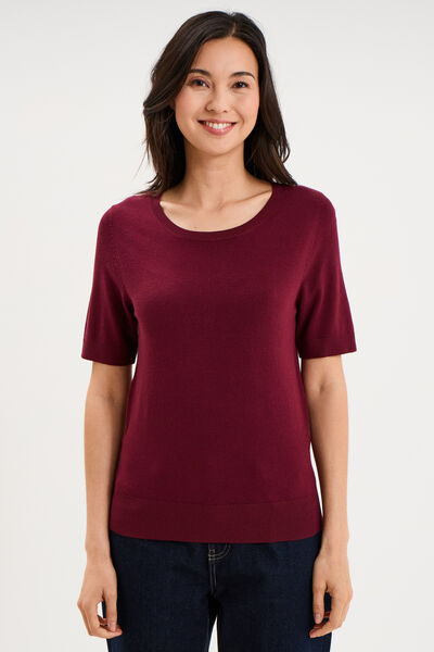 Pull manches courtes col rond bordeaux femme