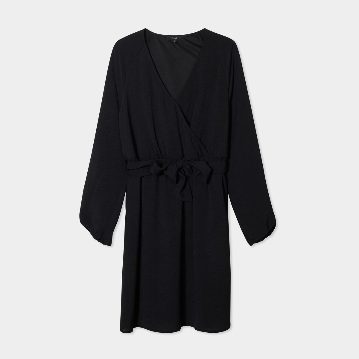 Robe ceinturée col cache-coeur noir femme