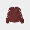 Blouse col tunisien manches brodées marron femme