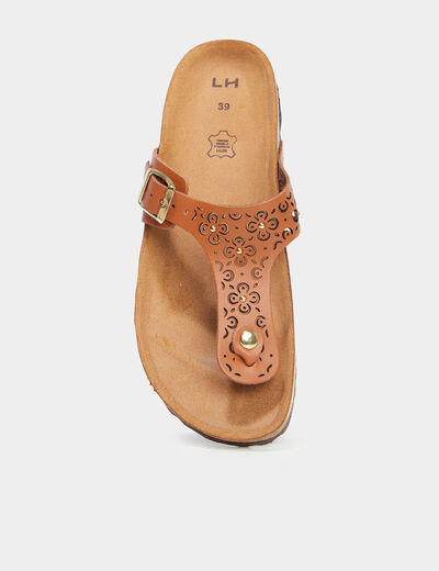 Mules détails perforés en cuir marron femme