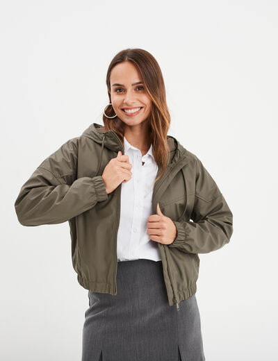 Blouson à capuche court vert kaki femme