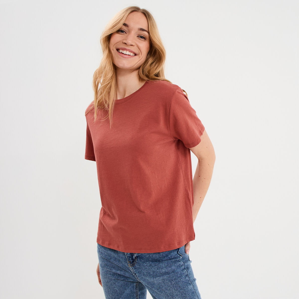T-shirt col rond manches courtes coton vieux rose femme