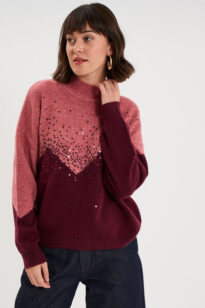 Pull col montant &agrave; sequins oversize bordeaux femme