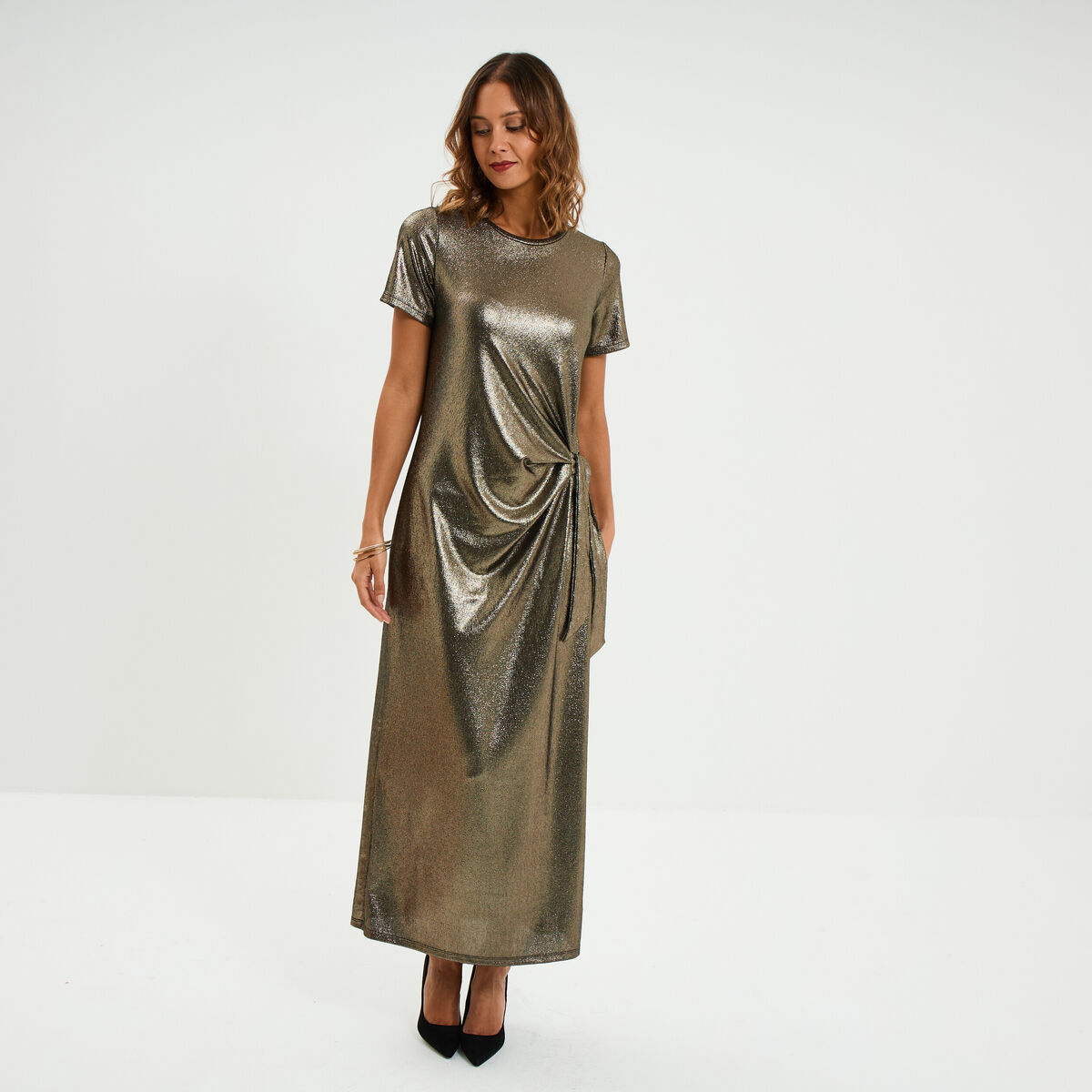 Robe longue d&eacute;tail noeud c&ocirc;t&eacute; jaune or femme