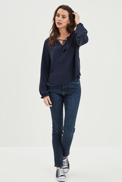 Blouse col v avec cordons à pampilles bleu marine femme