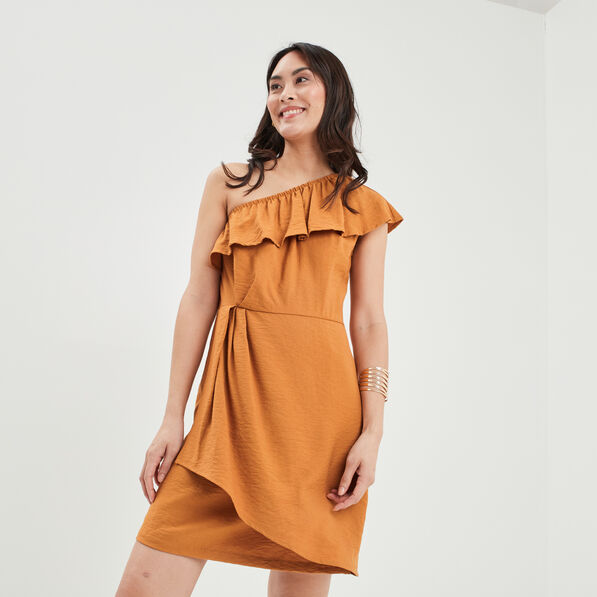 Robe droite asymétrique à volants marron cognac femme