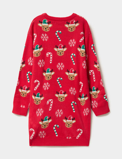 Robe pull de No&euml;l manches longues rouge fille