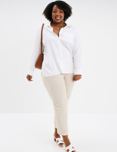Pantalon chino droit en lin m&eacute;lang&eacute; beige femme grande taille