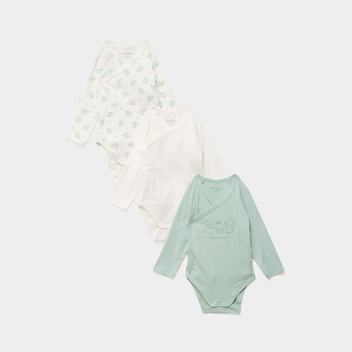 Lot 3 bodies crois&eacute;s manches longues vert pastel b&eacute;b&eacute;