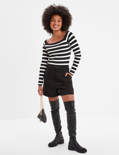 Pull côtelé col carré tricotage en côte noir femme