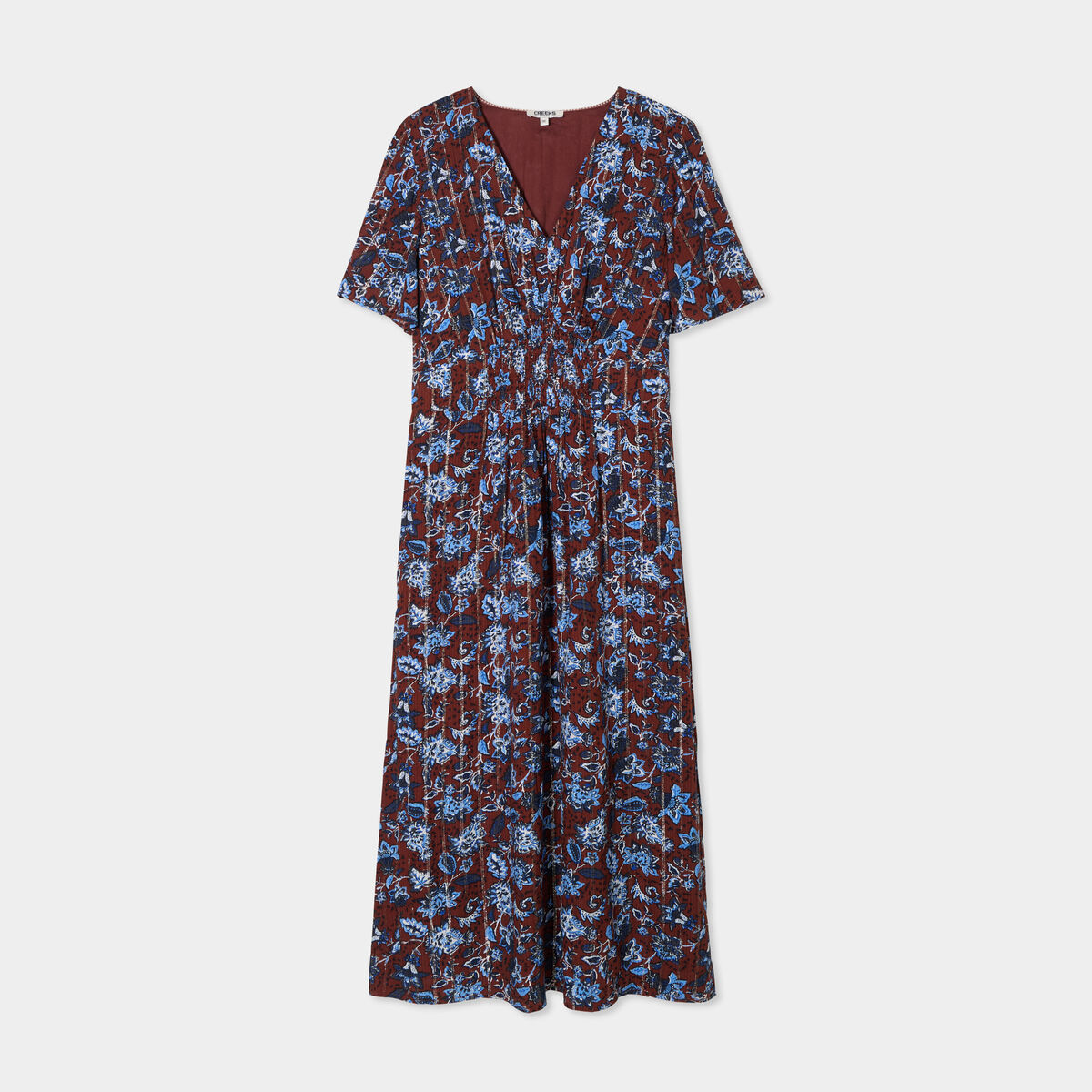 Robe longue empire taille smock&eacute;e marron femme