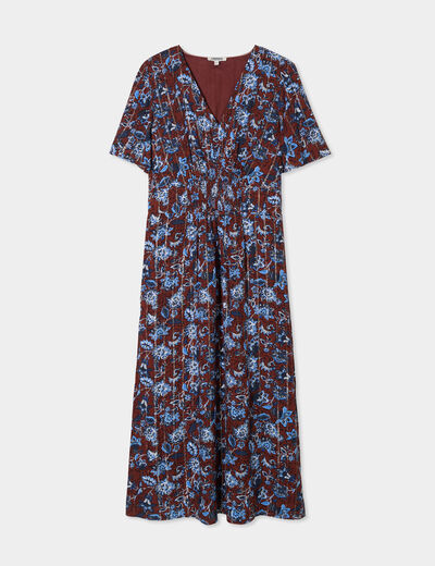 Robe longue empire taille smock&eacute;e marron femme