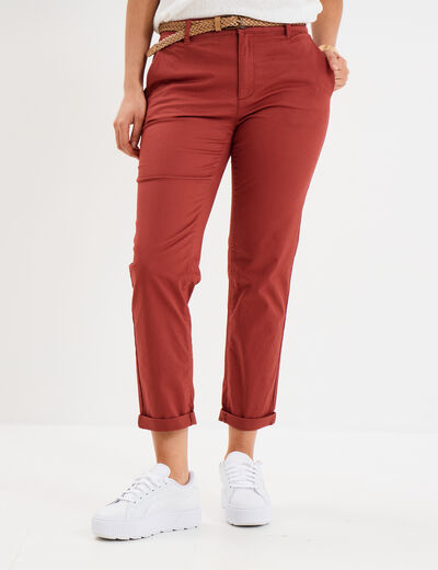 Pantalon chino 7/8&egrave;me ceinture tress&eacute;e rouge fonc&eacute; femme