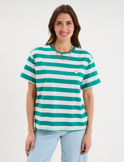 T-shirt droit &agrave; manches courtes coton vert canard femme