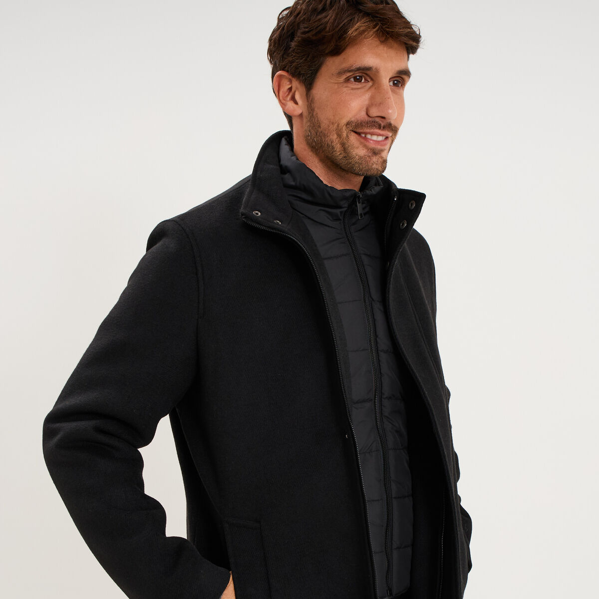 Manteau mi-long col montant zipp&eacute; noir homme
