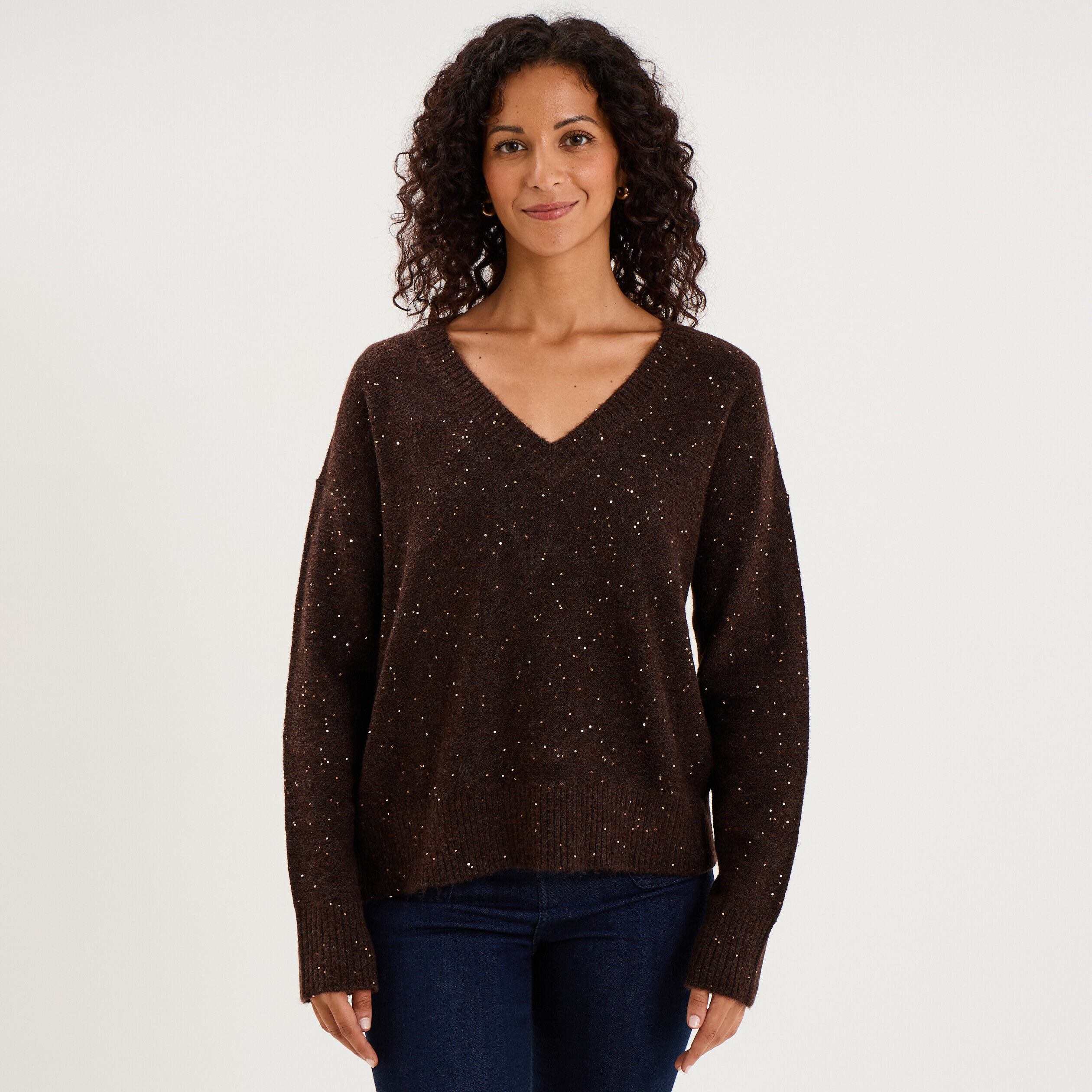 Pull droit à sequins et col en V marron foncé femme MOSQUITOS