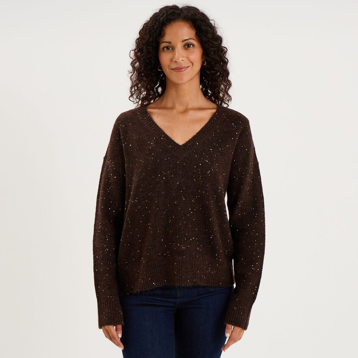 Pull droit &agrave; sequins et col en V marron fonc&eacute; femme