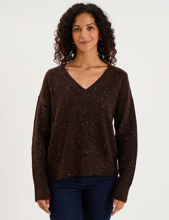Pull droit &agrave; sequins et col en V marron fonc&eacute; femme
