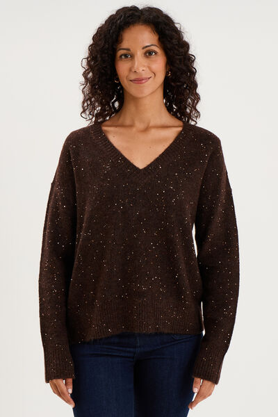 Pull droit &agrave; sequins et col en V marron fonc&eacute; femme