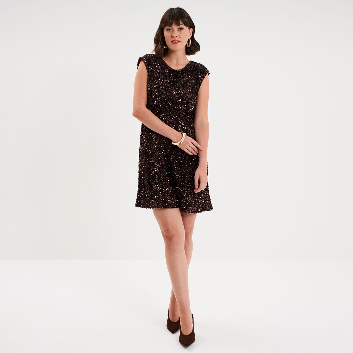 Robe courte &agrave; sequins sans manches marron fonc&eacute; femme