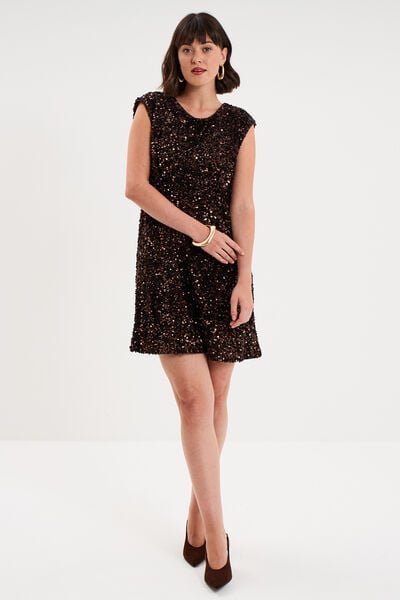 Robe courte &agrave; sequins sans manches marron fonc&eacute; femme