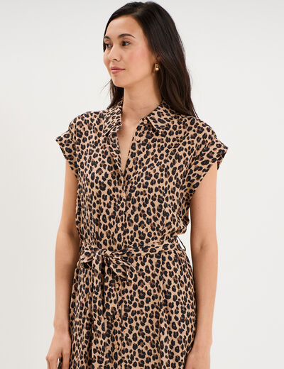 Robe chemise longue taille ajustable beige clair femme
