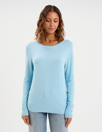 Pull col rond boutons aux poignets bleu clair femme