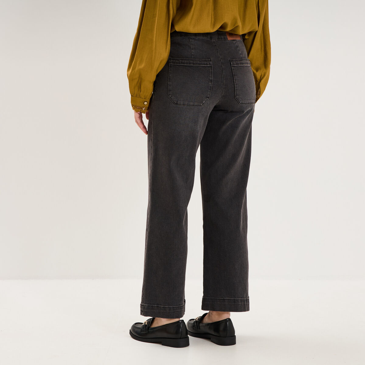 Jean large cropped &agrave; pont taille haute denim noir femme