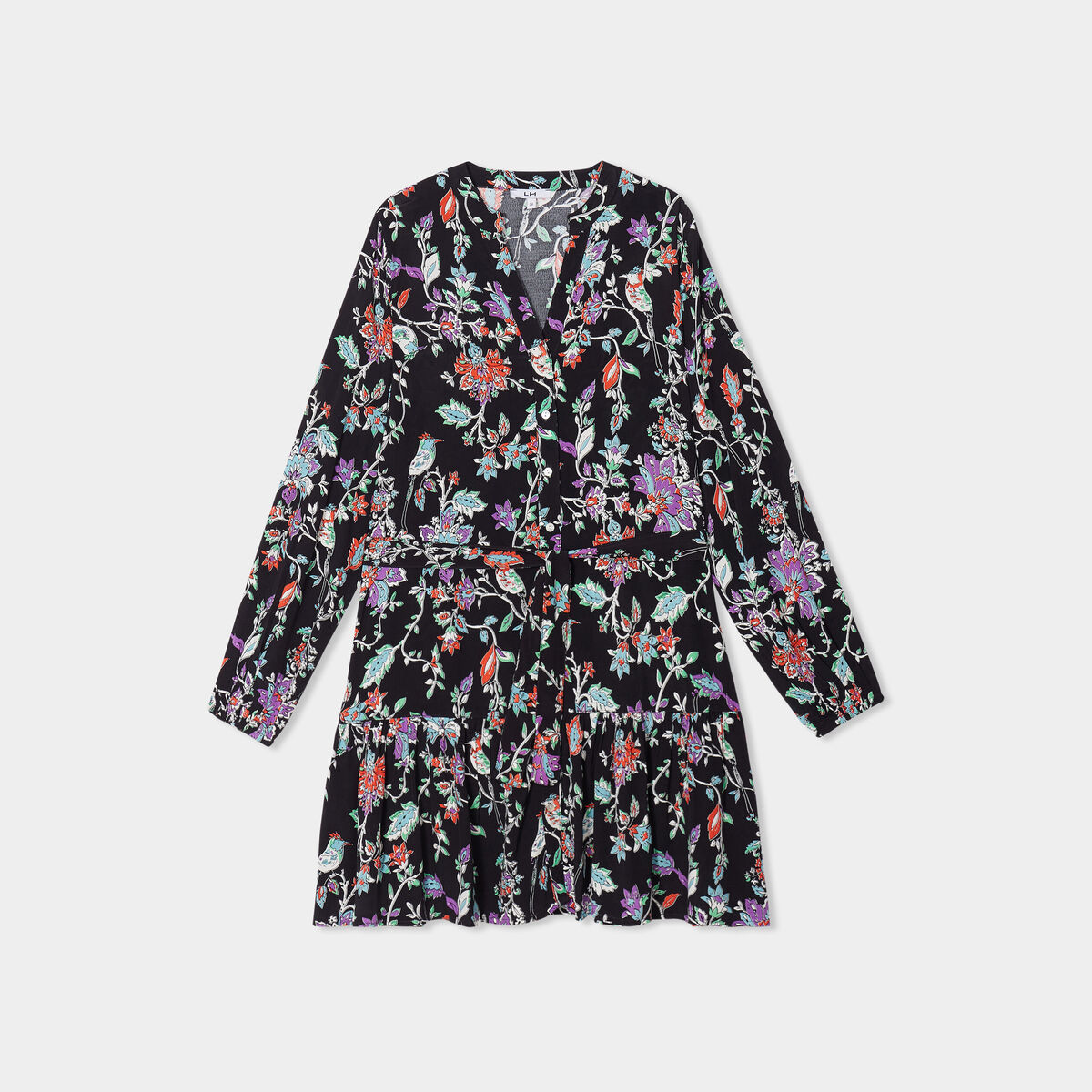 Robe trapèze à volants boutonnée noir femme