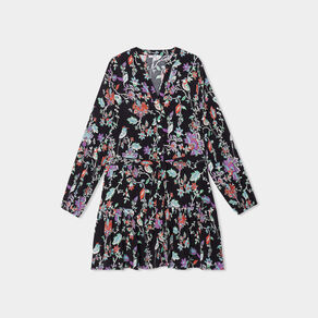 Robe trapèze à volants boutonnée noir femme