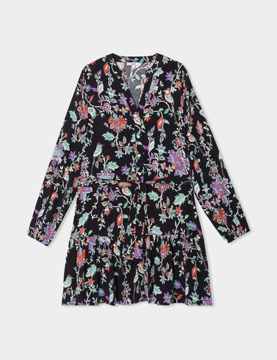 Robe trapèze à volants boutonnée noir femme