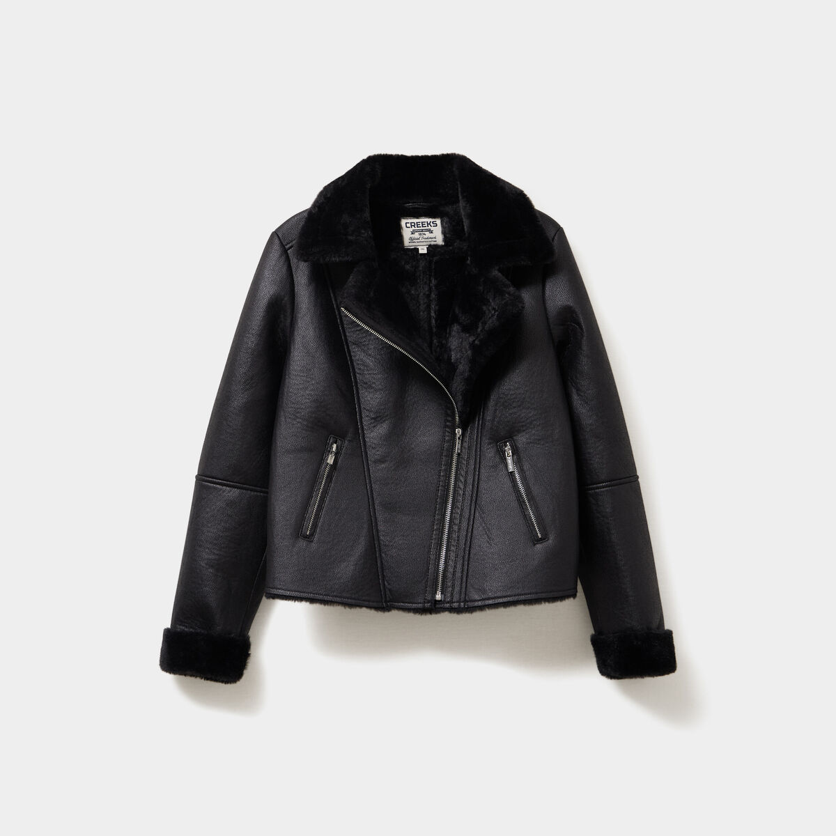 Veste biker simili cuir fourr&eacute;e noir femme