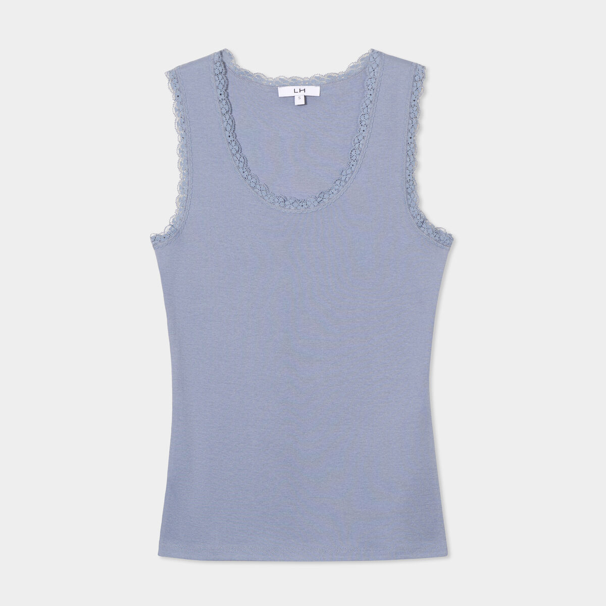 Débardeur coton bords dentelle bleu gris femme