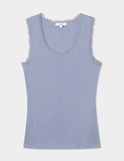 Débardeur coton bords dentelle bleu gris femme