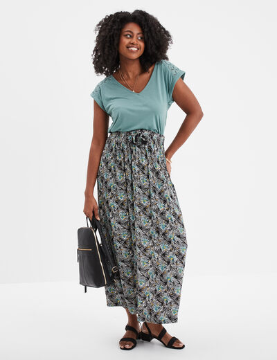 T-shirt col en V ajour&eacute; &eacute;paules et dos bleu gris femme