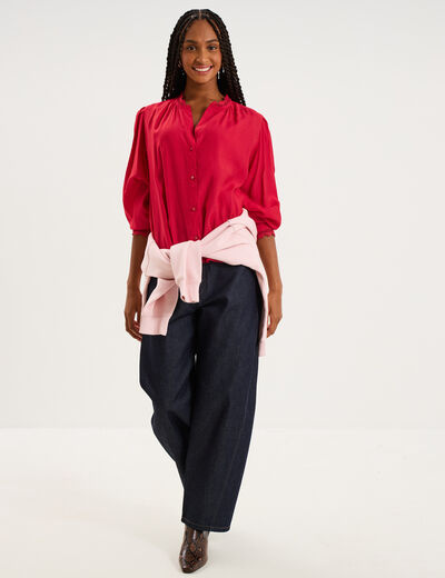 Blouse col montant dentelle rose cerise femme