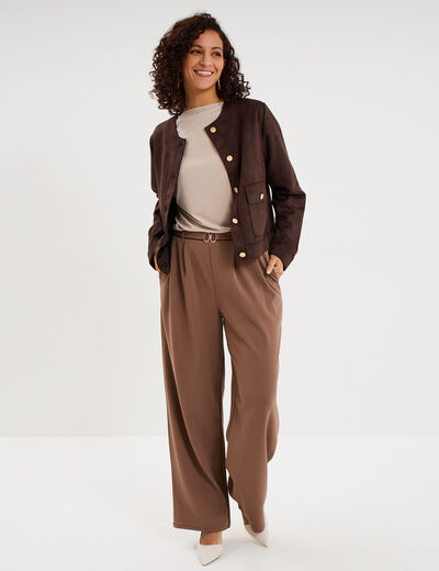 Veste boutonn&eacute;e effet su&eacute;dine marron fonc&eacute; femme