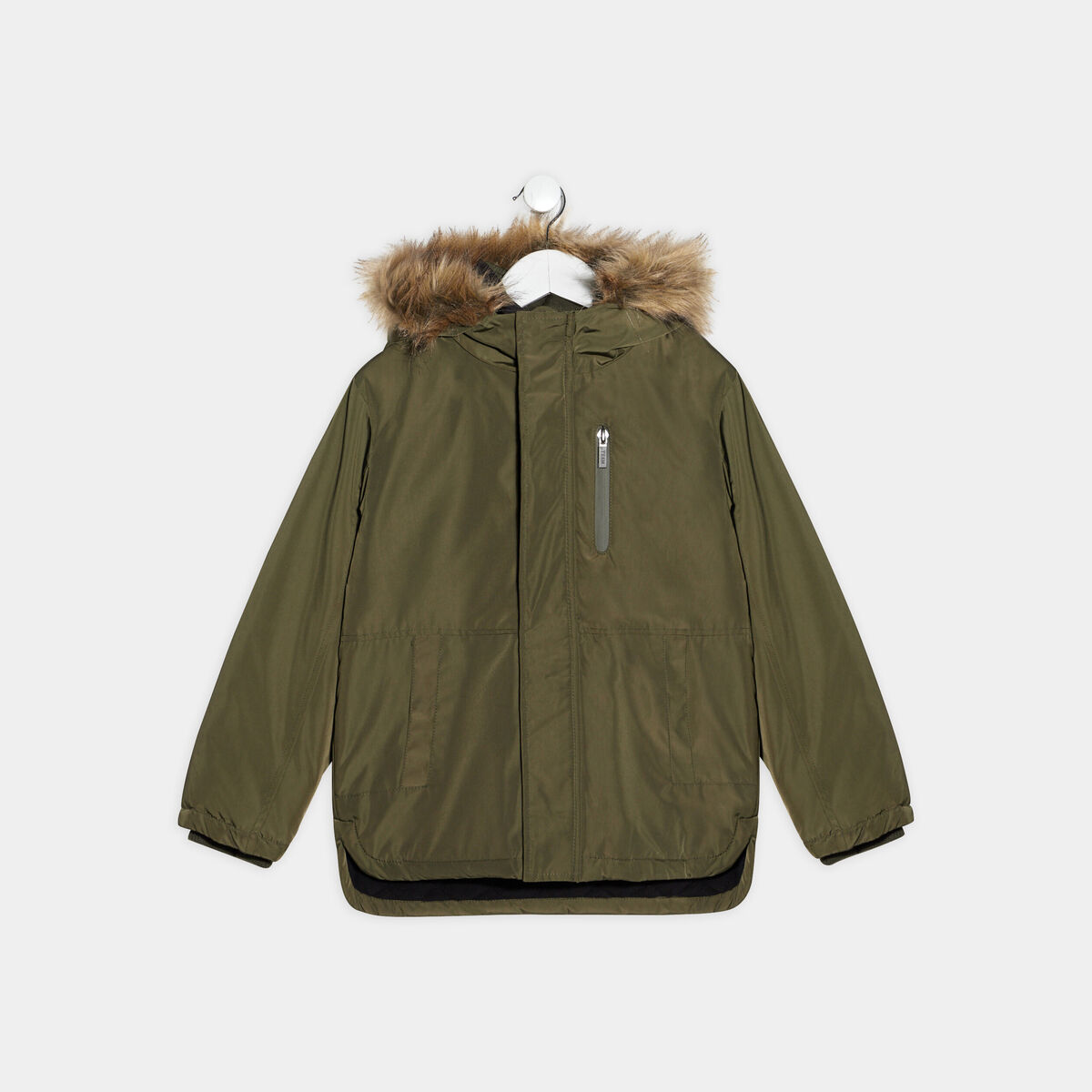Parka droite doubl&eacute;e &agrave; capuche vert kaki gar&ccedil;on
