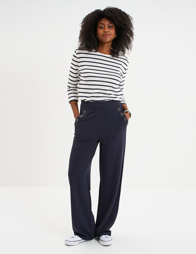 Pantalon droit à pont taille élastiquée bleu foncé femme