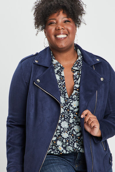Blouson zippé effet suédine style biker bleu marine femme grande taille