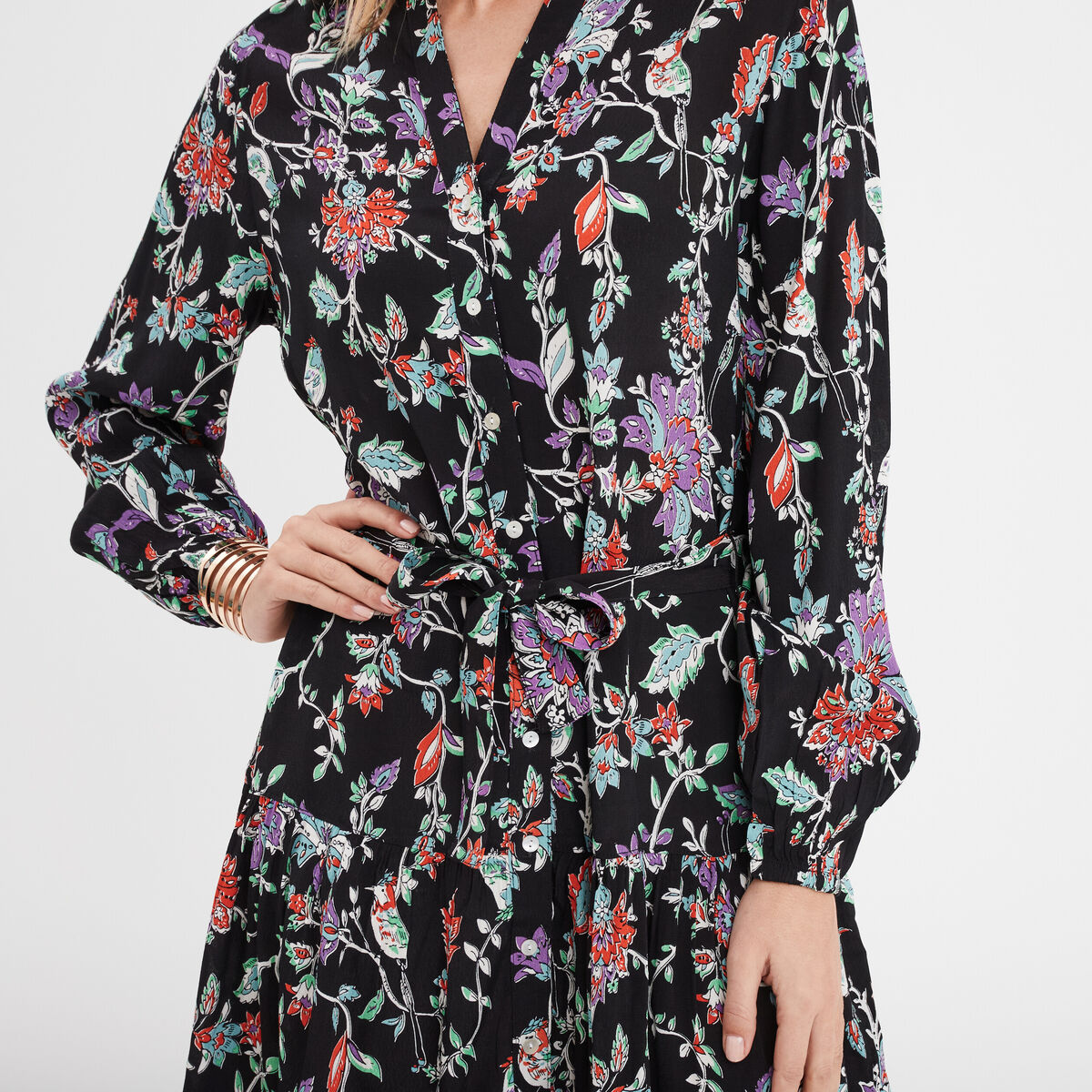 Robe trapèze à volants boutonnée noir femme