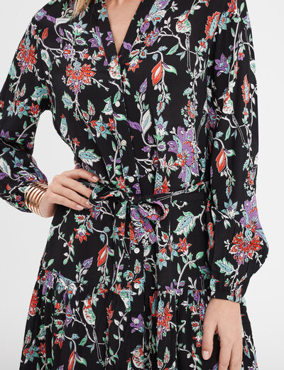 Robe trapèze à volants boutonnée noir femme