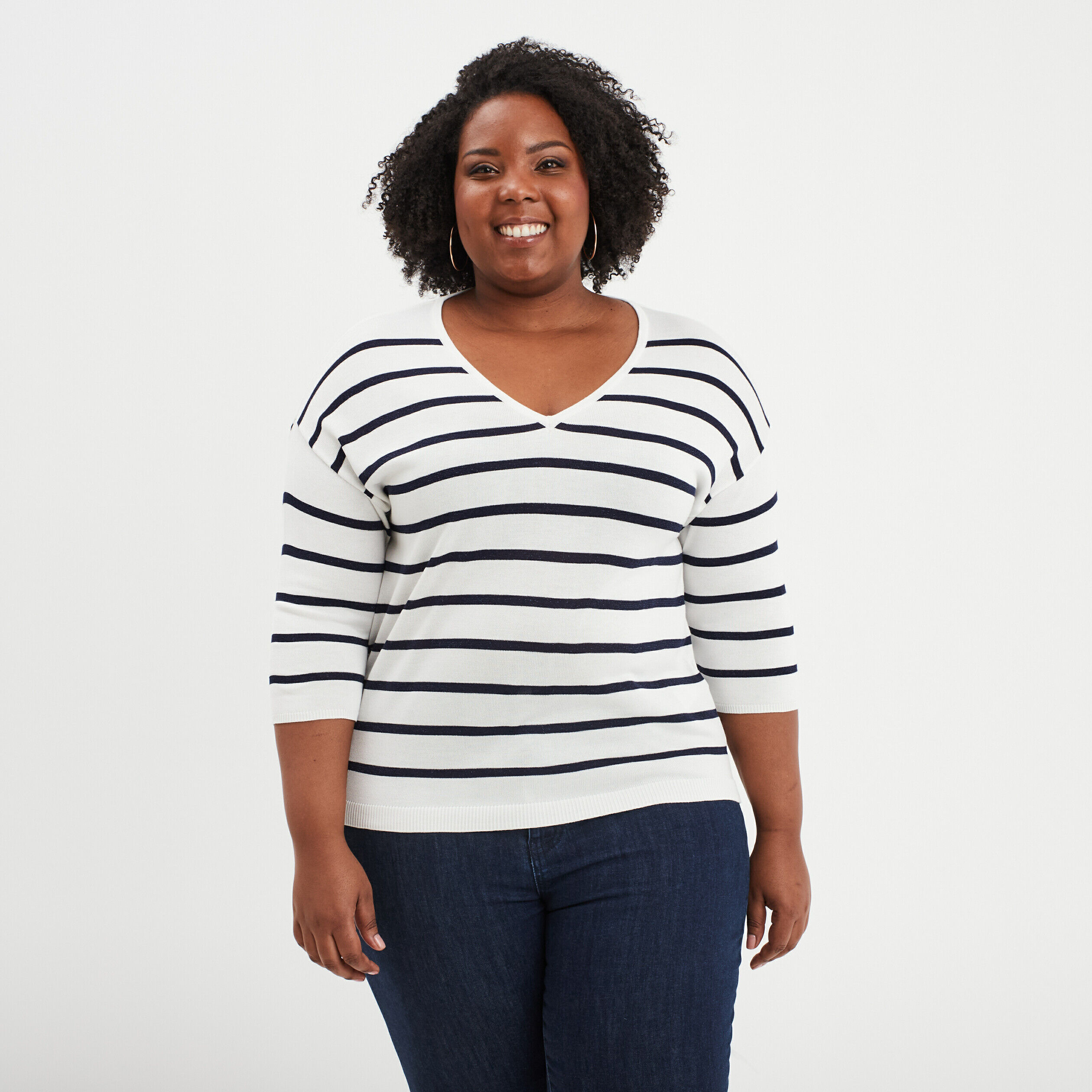 Pull col en V manches 3/4 ecru femme grande taille MODAVISTA