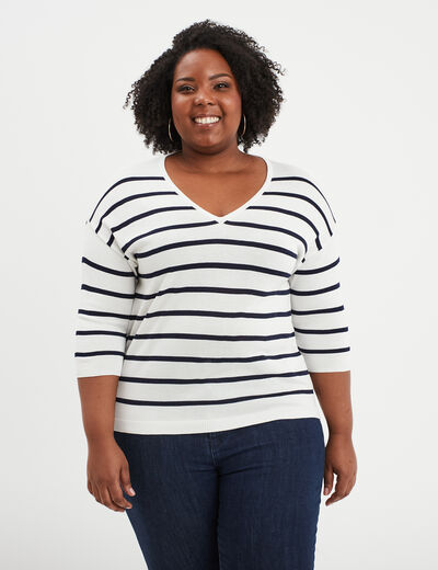 Pull col en V manches 3/4 ecru femme grande taille