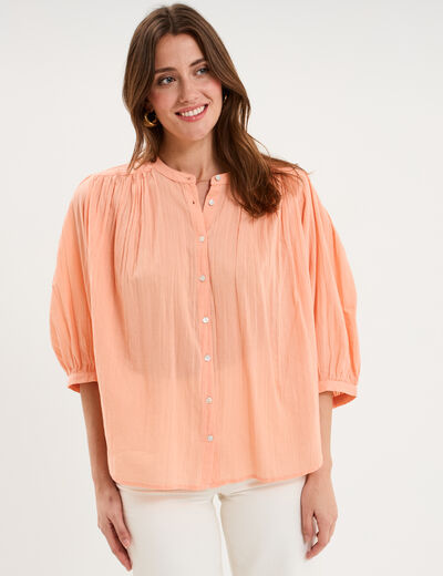 Blouse fluide oversize manches 3/4 coton rose saumon femme