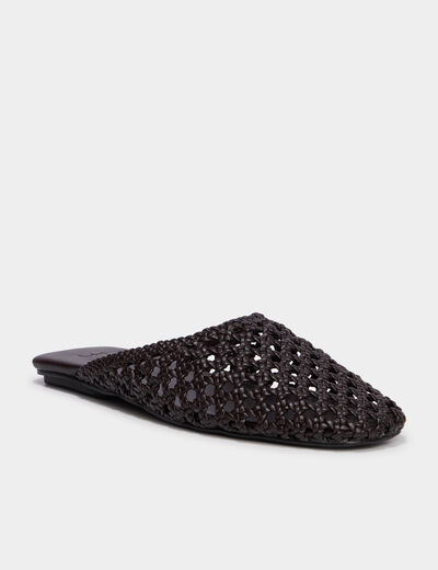 Mules plates carr&eacute;es effet tress&eacute; marron femme