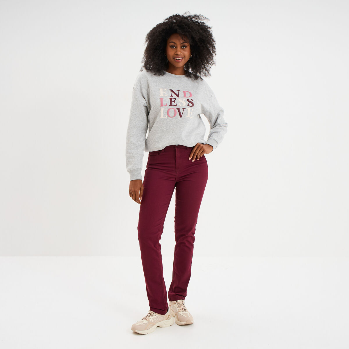 Sweat col rond manches longues gris femme