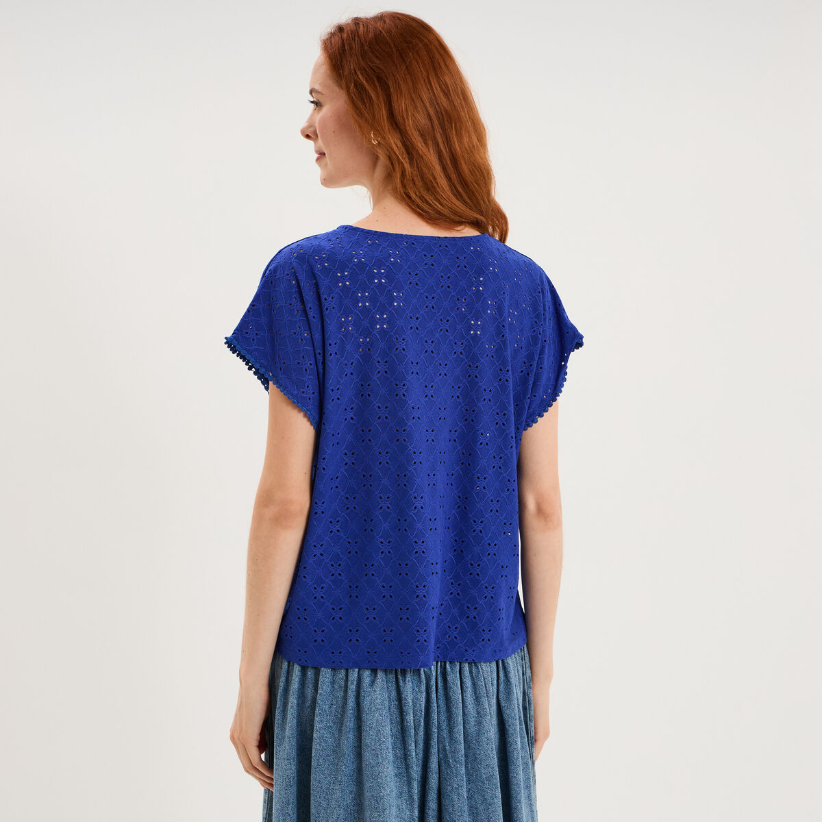 T-shirt dentelle avec boutons bleu electrique femme
